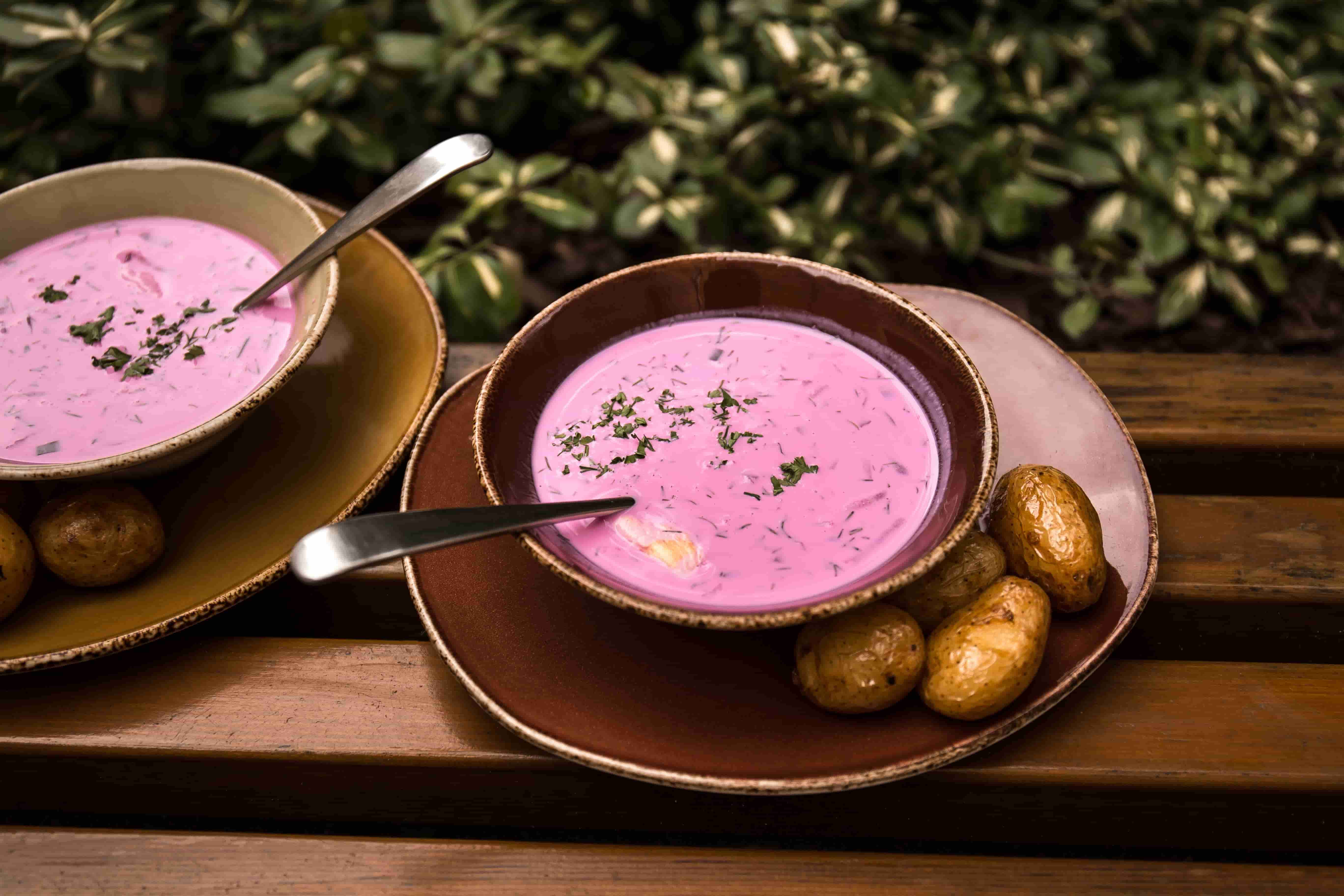 A famous Lithuanian pink soup (cold beetroot soup)